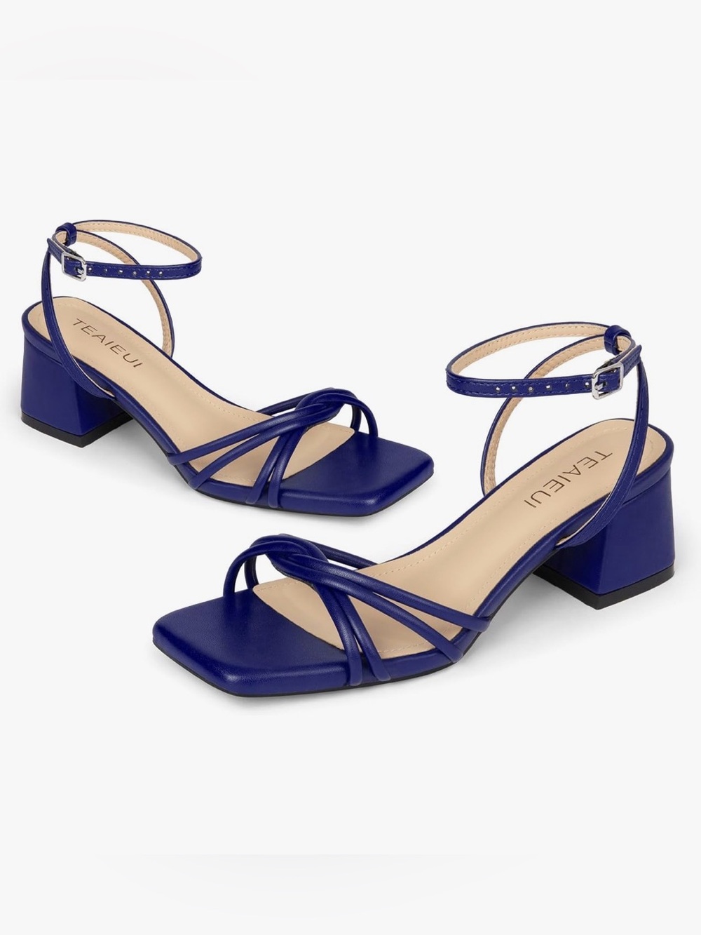 NWT Chunky Blue Strappy Heels for Women, Square Toe Heeled Sandals (2”) Size 8